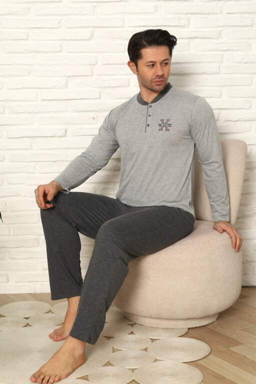 Erkek Pijama Takımı - Gri Nakışlı Uzun Kollu Penye 1102UY - Alimer (1)