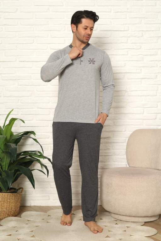 Erkek Pijama Takımı - Gri Nakışlı Uzun Kollu Penye 1102UY - 3