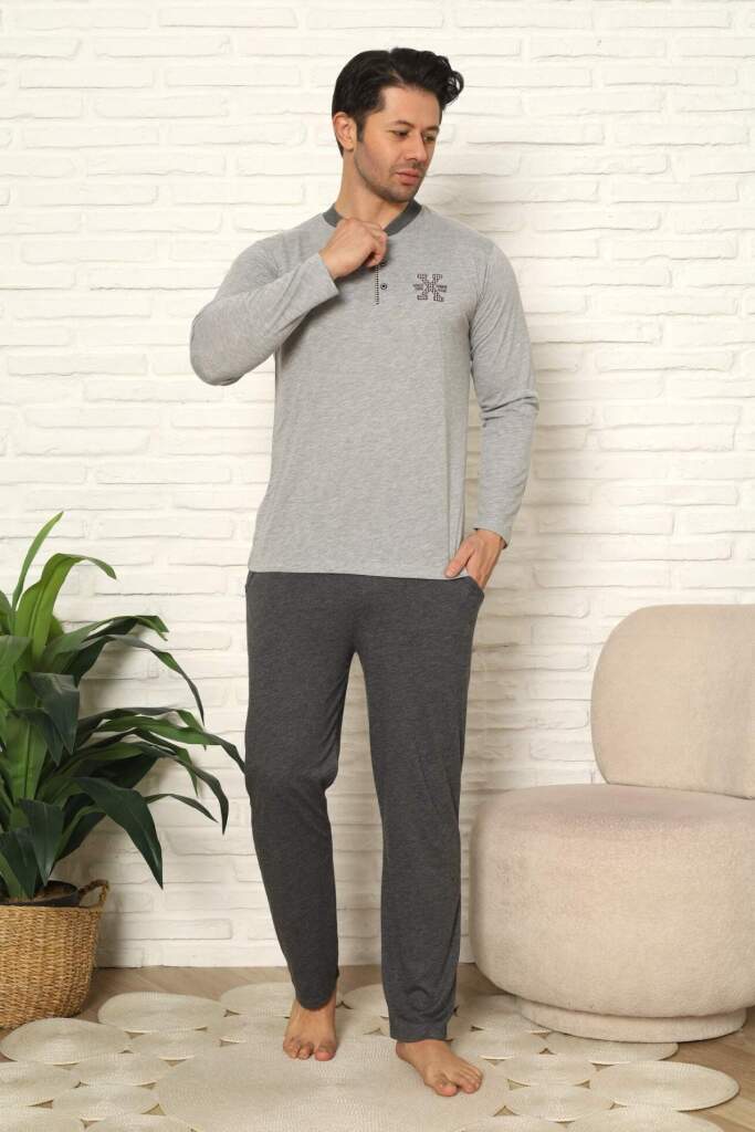 Erkek Pijama Takımı - Gri Nakışlı Uzun Kollu Penye 1102UY - 3