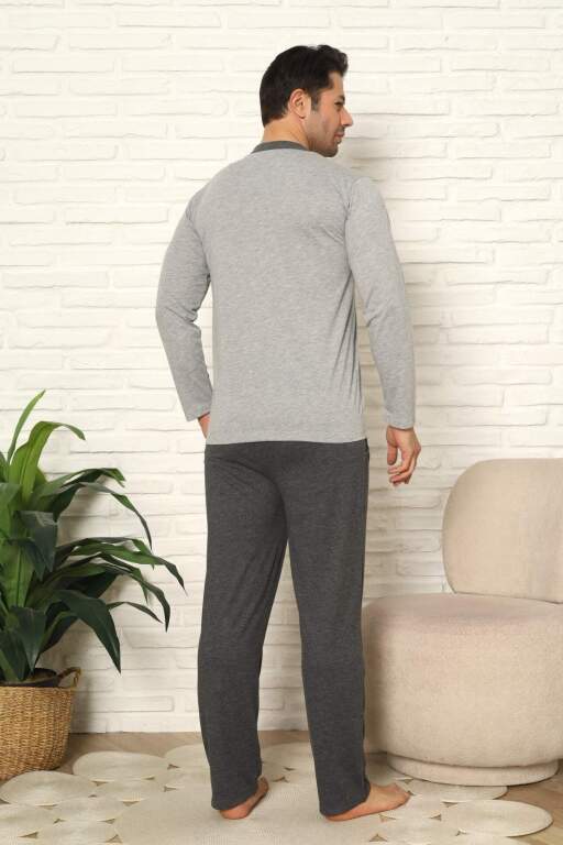 Erkek Pijama Takımı - Gri Nakışlı Uzun Kollu Penye 1102UY - 4