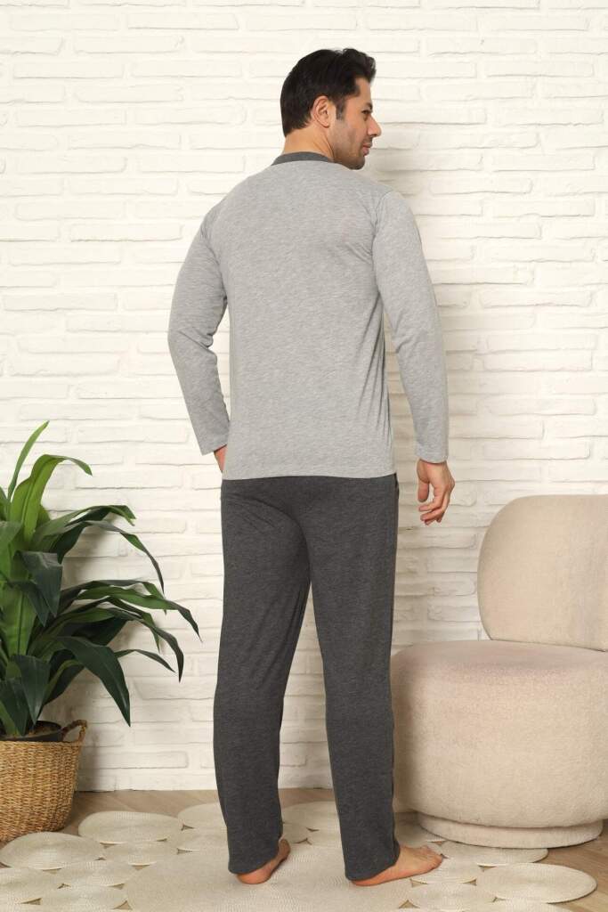 Erkek Pijama Takımı - Gri Nakışlı Uzun Kollu Penye 1102UY - 4