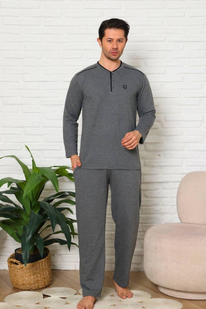 Erkek Pijama Takımı - Gri Uzun Kol İki İp Penye 1228UK - 1
