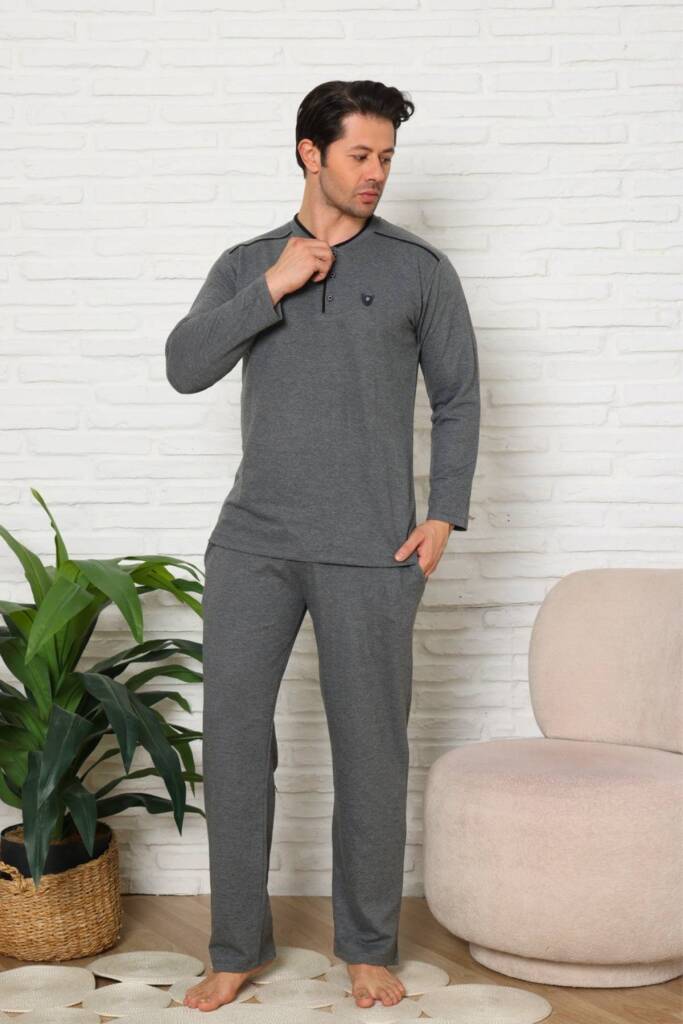 Erkek Pijama Takımı - Gri Uzun Kol İki İp Penye 1228UK - 4