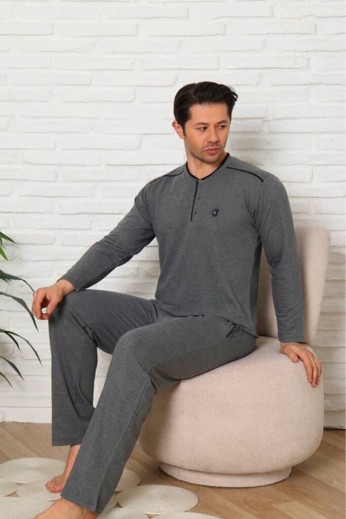 Erkek Pijama Takımı - Gri Uzun Kol İki İp Penye 1228UK - 2