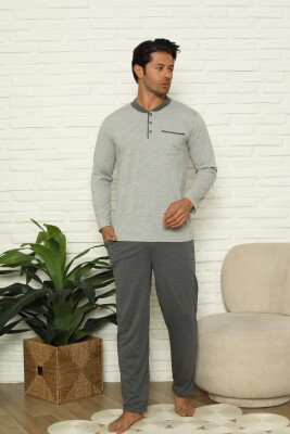 Erkek Pijama Takımı - Gri Uzun Kollu Cepli penye 1215UY - 1
