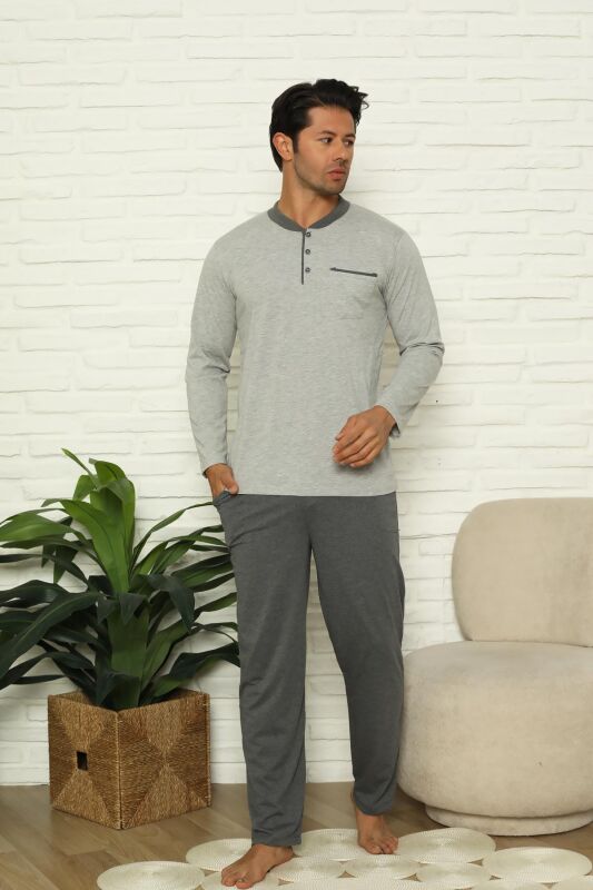 Erkek Pijama Takımı - Gri Uzun Kollu Cepli penye 1215UY - 1