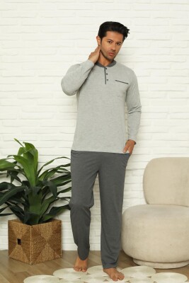 Erkek Pijama Takımı - Gri Uzun Kollu Cepli penye 1215UY - 2
