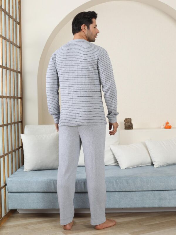 Erkek Pijama Takımı - Gri Çizgili Kışlık İnterlok 1221UK - 5