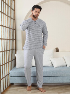 Erkek Pijama Takımı - Gri Çizgili Kışlık İnterlok 1221UK - 1