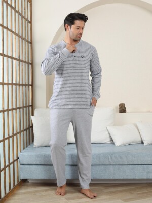 Erkek Pijama Takımı - Gri Çizgili Kışlık İnterlok 1221UK - 2