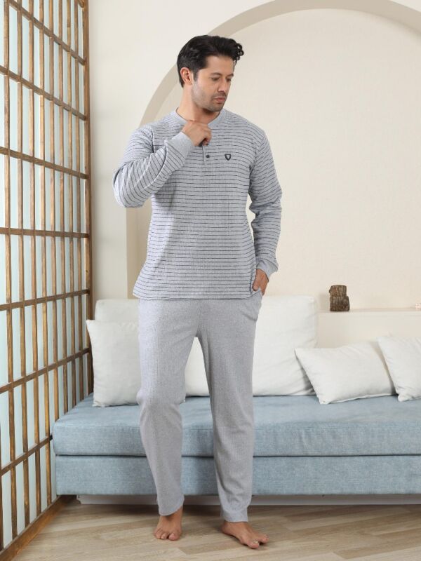 Erkek Pijama Takımı - Gri Çizgili Kışlık İnterlok 1221UK - 2