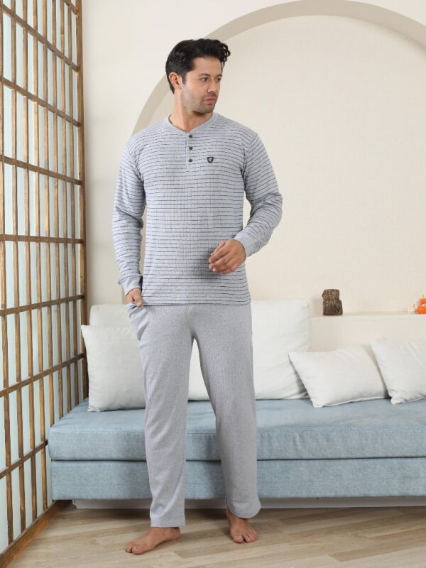 Erkek Pijama Takımı - Gri Çizgili Kışlık İnterlok 1221UK - 4