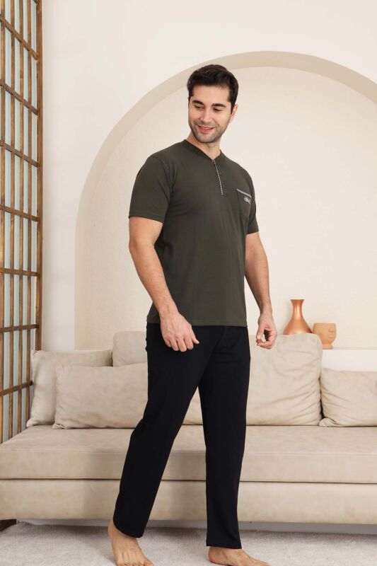 Erkek Pijama Takımı - Haki Arma Nakışlı Likralı Kısa Kollu Penye 1194KY - 3