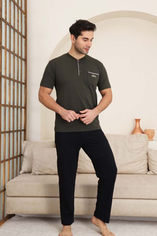 Erkek Pijama Takımı - Haki Arma Nakışlı Likralı Kısa Kollu Penye 1194KY - 4