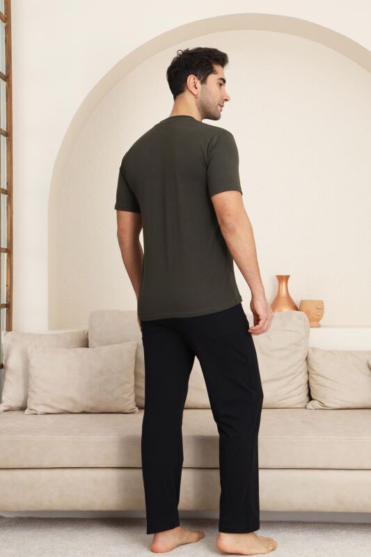 Erkek Pijama Takımı - Haki Arma Nakışlı Likralı Kısa Kollu Penye 1194KY - 5