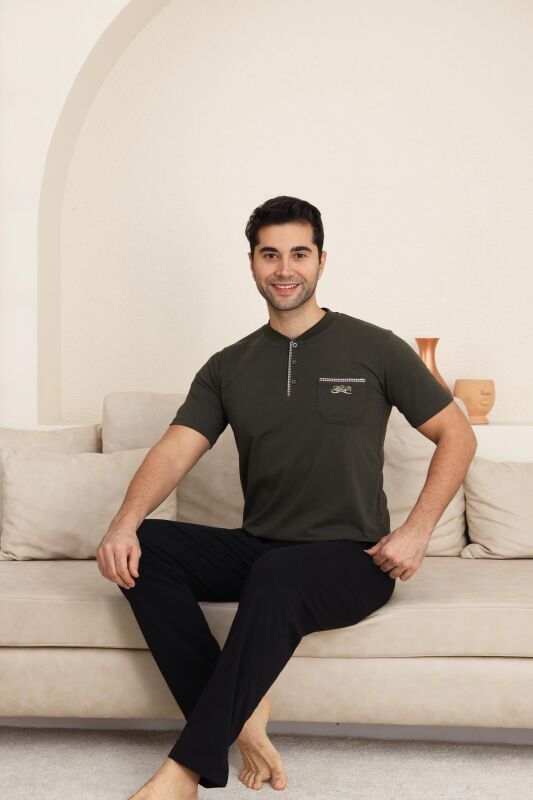 Erkek Pijama Takımı - Haki Arma Nakışlı Likralı Kısa Kollu Penye 1194KY - 2