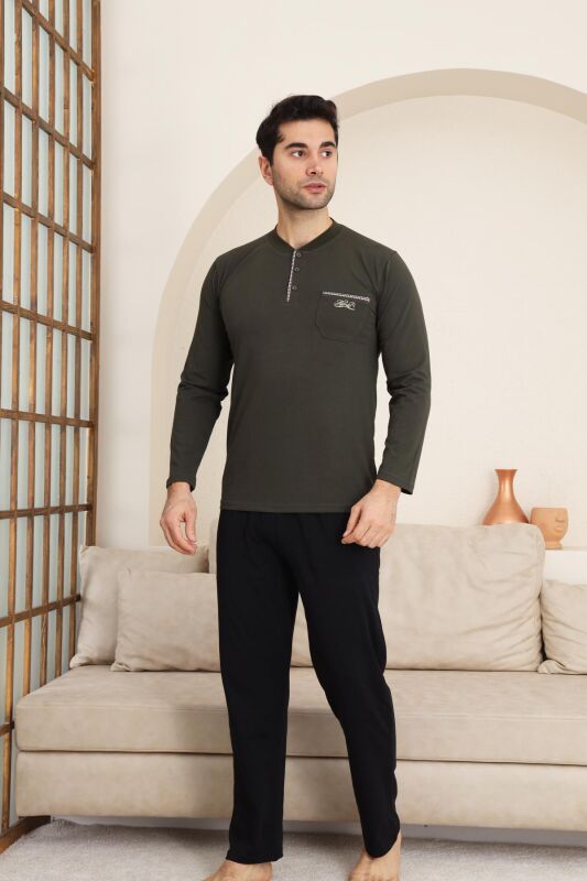 Erkek Pijama Takımı - Haki Arma Nakışlı Likralı Uzun Kollu Penye 1194UK - 2