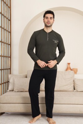 Erkek Pijama Takımı - Haki Arma Nakışlı Likralı Uzun Kollu Penye 1194UK - 3