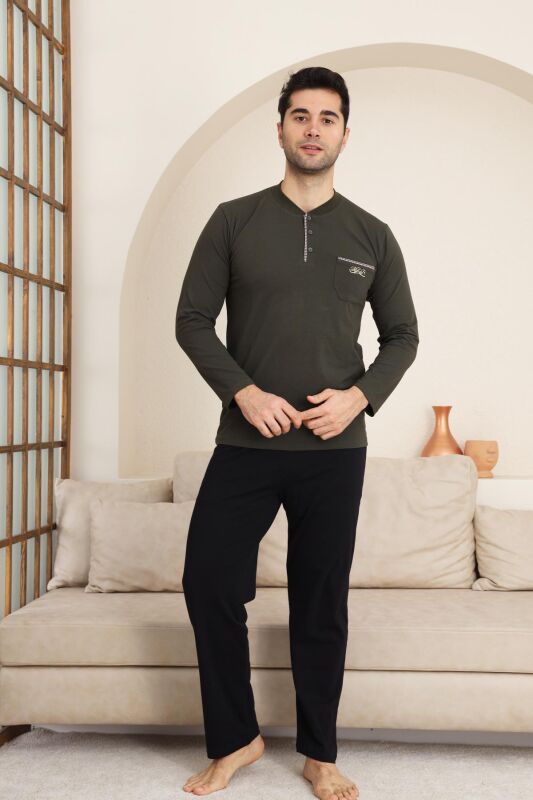 Erkek Pijama Takımı - Haki Arma Nakışlı Likralı Uzun Kollu Penye 1194UK - 3