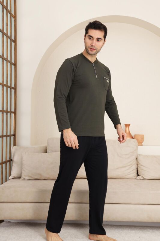Erkek Pijama Takımı - Haki Arma Nakışlı Likralı Uzun Kollu Penye 1194UK - 4