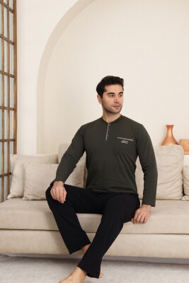 Erkek Pijama Takımı - Haki Arma Nakışlı Likralı Uzun Kollu Penye 1194UK - Alimer
