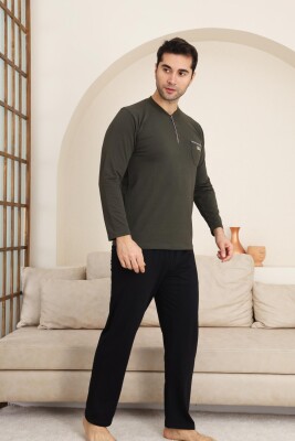 Erkek Pijama Takımı - Haki Arma Nakışlı Likralı Uzun Kollu Penye 1194UY - 4
