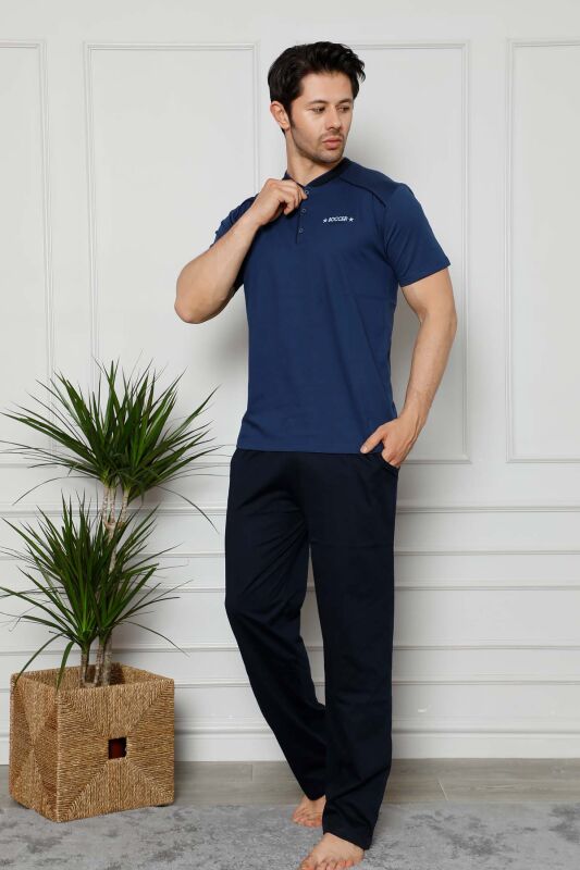 Erkek Pijama Takımı - İndigo Arma Nakışlı Likralı Kısa Kollu Penye 1129KY - 4