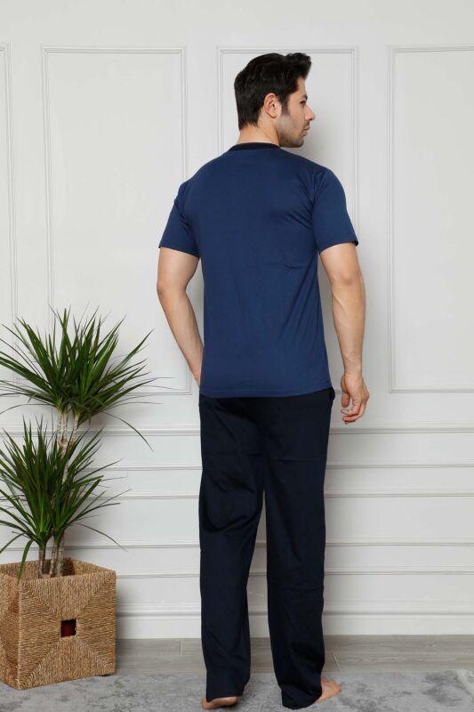 Erkek Pijama Takımı - İndigo Arma Nakışlı Likralı Kısa Kollu Penye 1129KY - 5