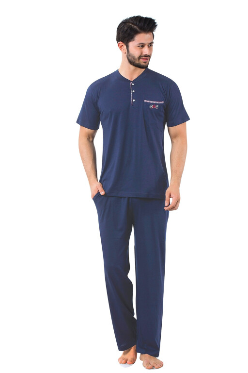 Erkek Pijama Takımı - İndigo Arma Nakışlı Likralı Kısa Kollu Penye 1194KY - Alimer