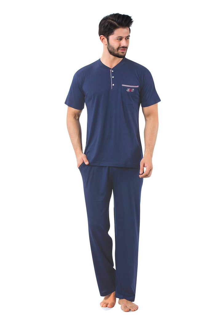 Erkek Pijama Takımı - İndigo Arma Nakışlı Likralı Kısa Kollu Penye 1194KY - 1