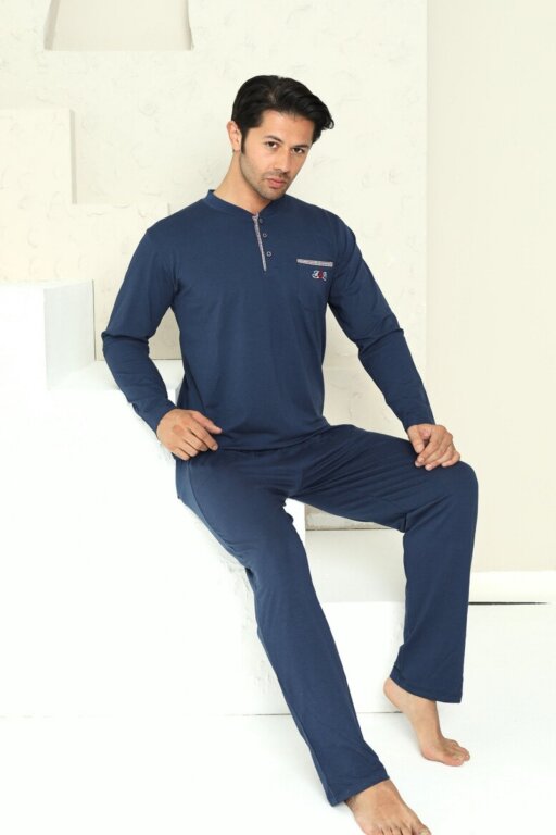 Erkek Pijama Takımı - İndigo Arma Nakışlı Likralı Uzun Kollu Penye 1194UY - Alimer (1)