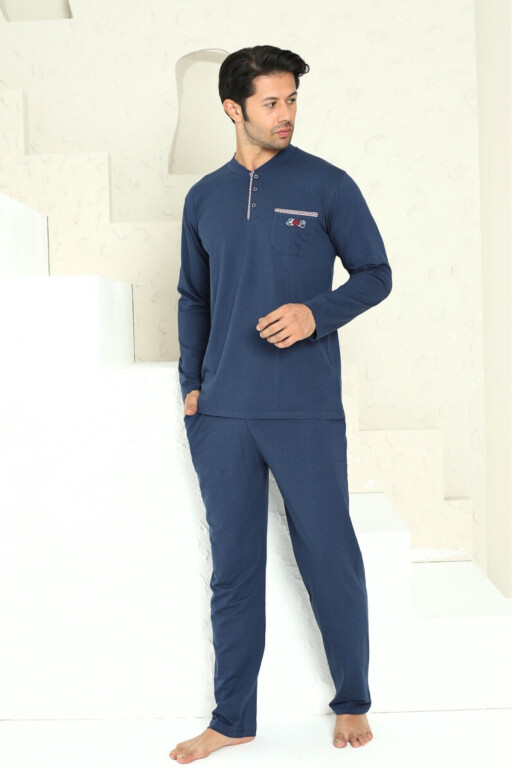 Erkek Pijama Takımı - İndigo Arma Nakışlı Likralı Uzun Kollu Penye 1194UY - Alimer
