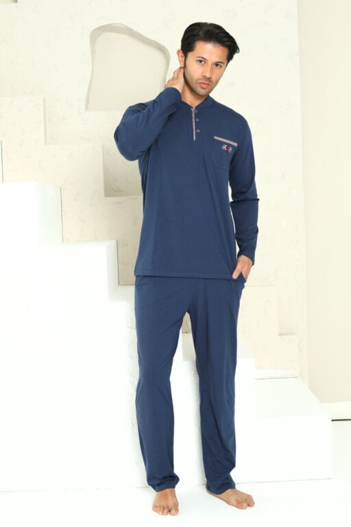 Erkek Pijama Takımı - İndigo Arma Nakışlı Likralı Uzun Kollu Penye 1194UY - 3