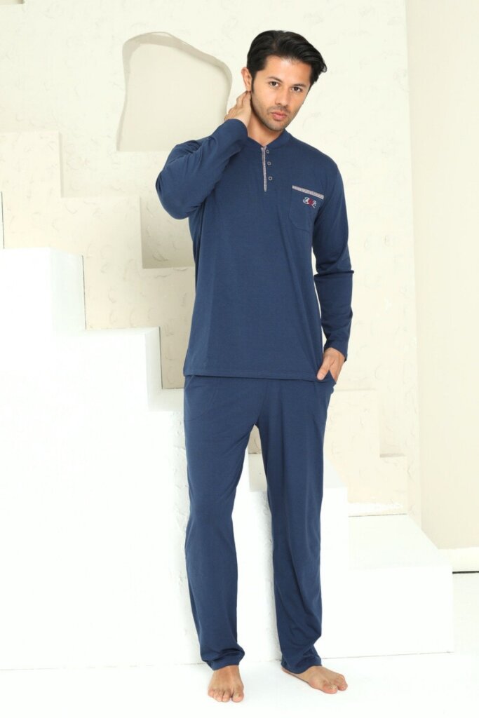 Erkek Pijama Takımı - İndigo Arma Nakışlı Likralı Uzun Kollu Penye 1194UY - 3
