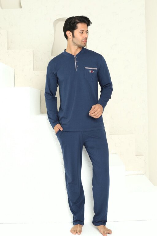 Erkek Pijama Takımı - İndigo Arma Nakışlı Likralı Uzun Kollu Penye 1194UY - 4