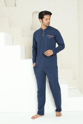 Erkek Pijama Takımı - İndigo Arma Nakışlı Likralı Uzun Kollu Penye 1194UK - 4