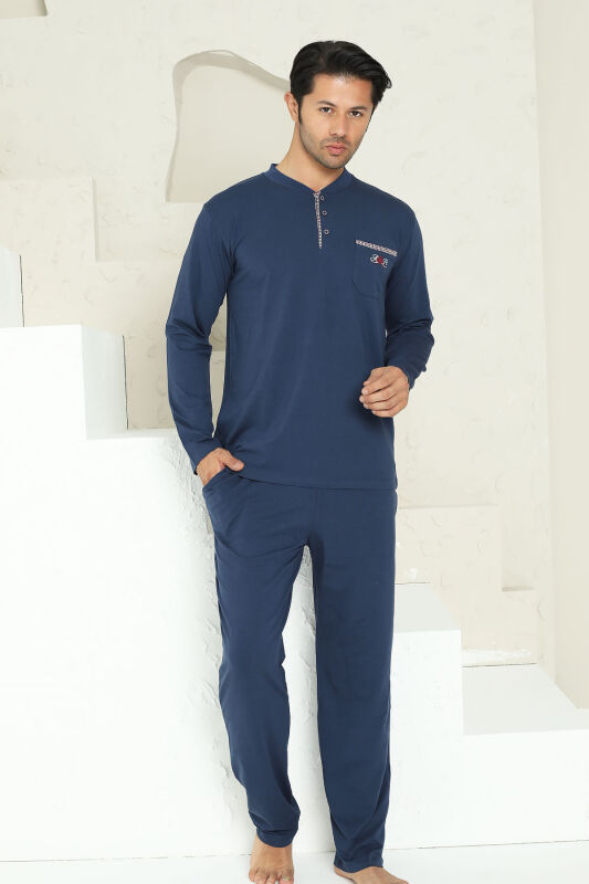 Erkek Pijama Takımı - İndigo Arma Nakışlı Likralı Uzun Kollu Penye 1194UK - 1