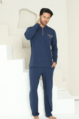 Erkek Pijama Takımı - İndigo Arma Nakışlı Likralı Uzun Kollu Penye 1194UK - 3