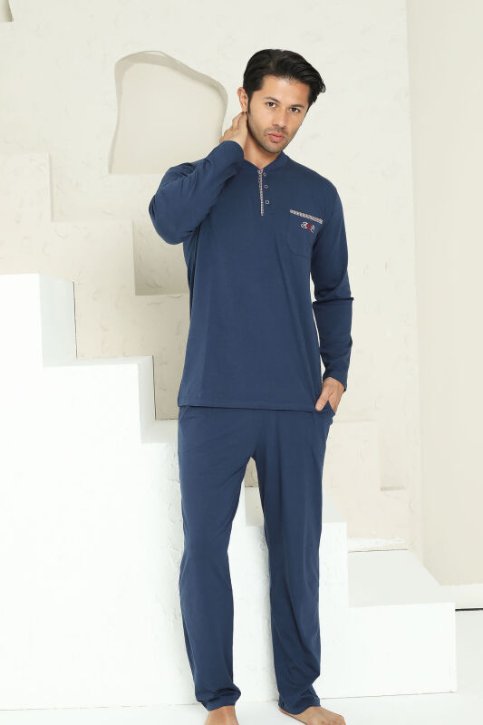 Erkek Pijama Takımı - İndigo Arma Nakışlı Likralı Uzun Kollu Penye 1194UK - 3