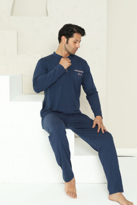 Erkek Pijama Takımı - İndigo Arma Nakışlı Likralı Uzun Kollu Penye 1194UK - 2