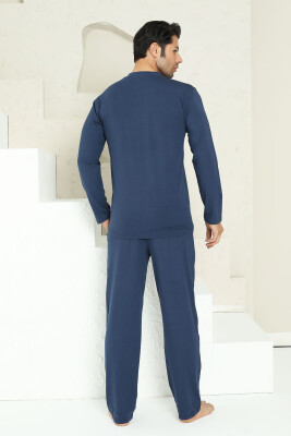 Erkek Pijama Takımı - İndigo Arma Nakışlı Likralı Uzun Kollu Penye 1194UK - 5