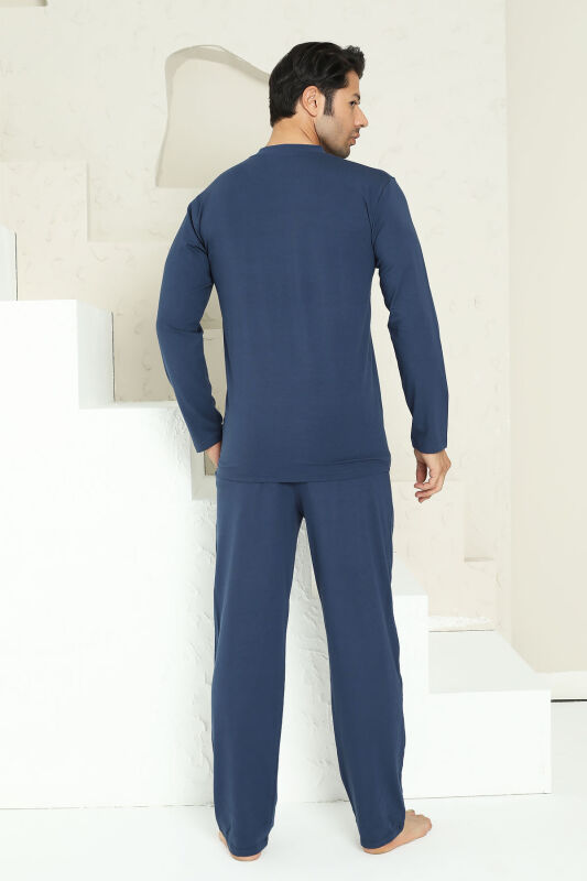 Erkek Pijama Takımı - İndigo Arma Nakışlı Likralı Uzun Kollu Penye 1194UK - 5