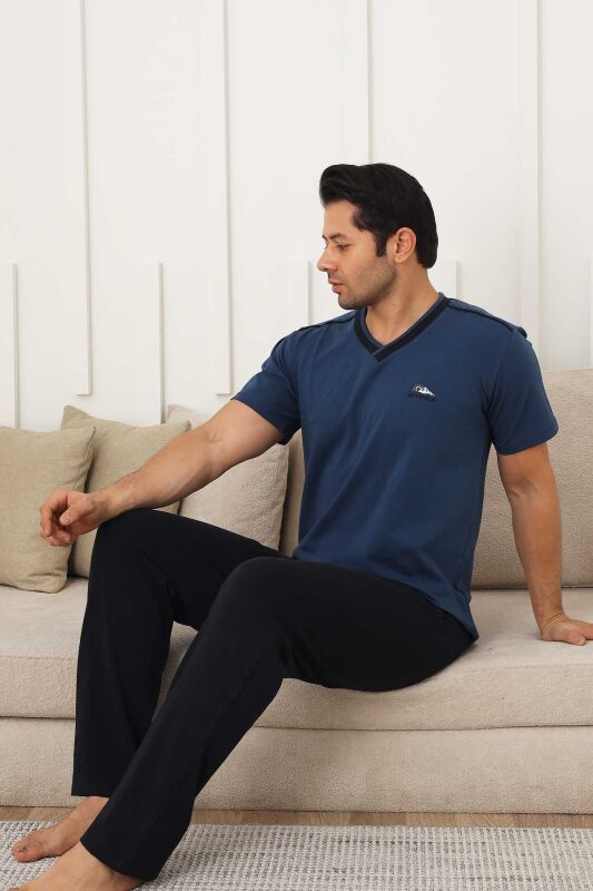Erkek Pijama Takımı - İndigo Arma Nakışlı Likralı V Yaka Kısa Kollu 1212KY - 2