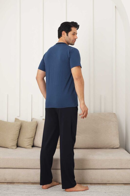 Erkek Pijama Takımı - İndigo Arma Nakışlı Likralı V Yaka Kısa Kollu 1212KY - 5