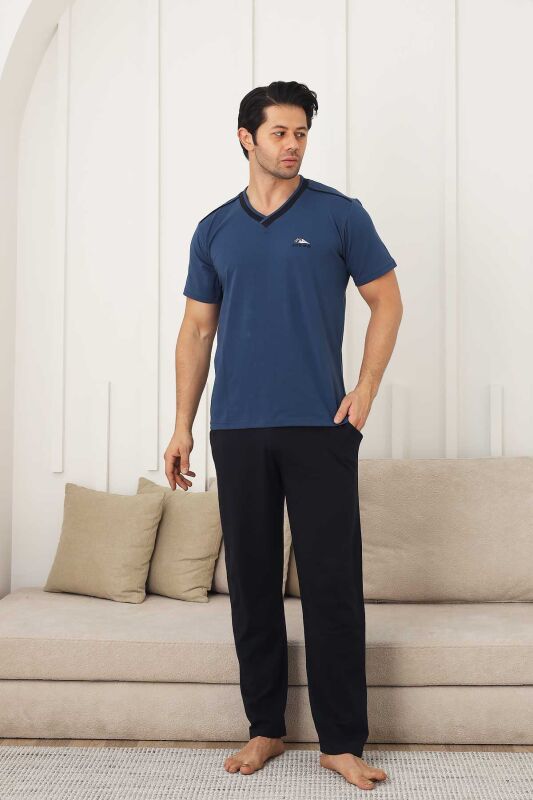 Erkek Pijama Takımı - İndigo Arma Nakışlı Likralı V Yaka Kısa Kollu 1212KY - 3