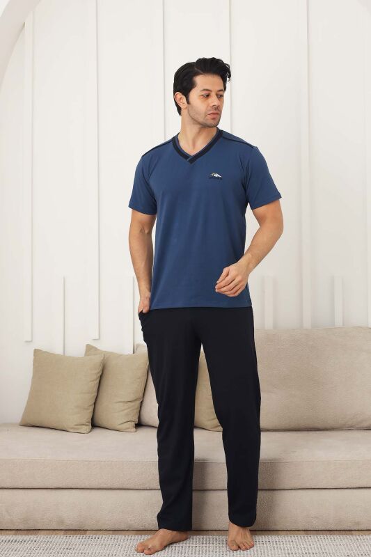 Erkek Pijama Takımı - İndigo Arma Nakışlı Likralı V Yaka Kısa Kollu 1212KY - 1