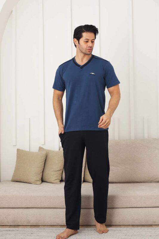 Erkek Pijama Takımı - İndigo Arma Nakışlı Likralı V Yaka Kısa Kollu 1212KY - 4