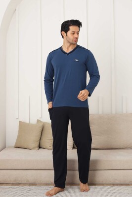 Erkek Pijama Takımı - İndigo Arma Nakışlı Likralı V Yaka Uzun Kollu Penye 1212UY - 1