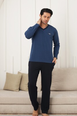 Erkek Pijama Takımı - İndigo Arma Nakışlı Likralı V Yaka Uzun Kollu Penye 1212UY - 2
