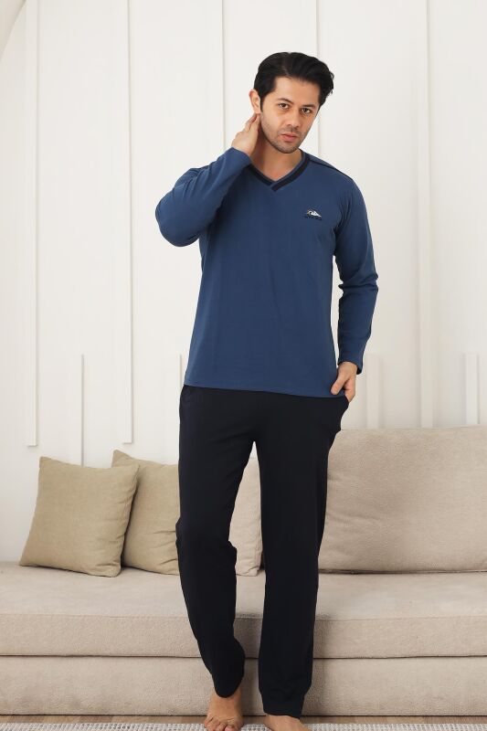 Erkek Pijama Takımı - İndigo Arma Nakışlı Likralı V Yaka Uzun Kollu Penye 1212UY - 2